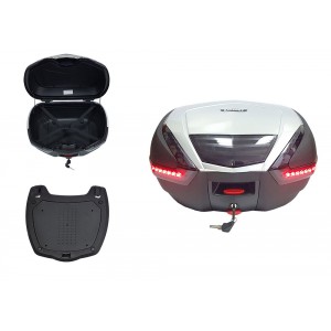 KUFŘ NA MOTOCYKL 48L STŘÍBRNÝ S STOP LED SVĚTLEM XXL